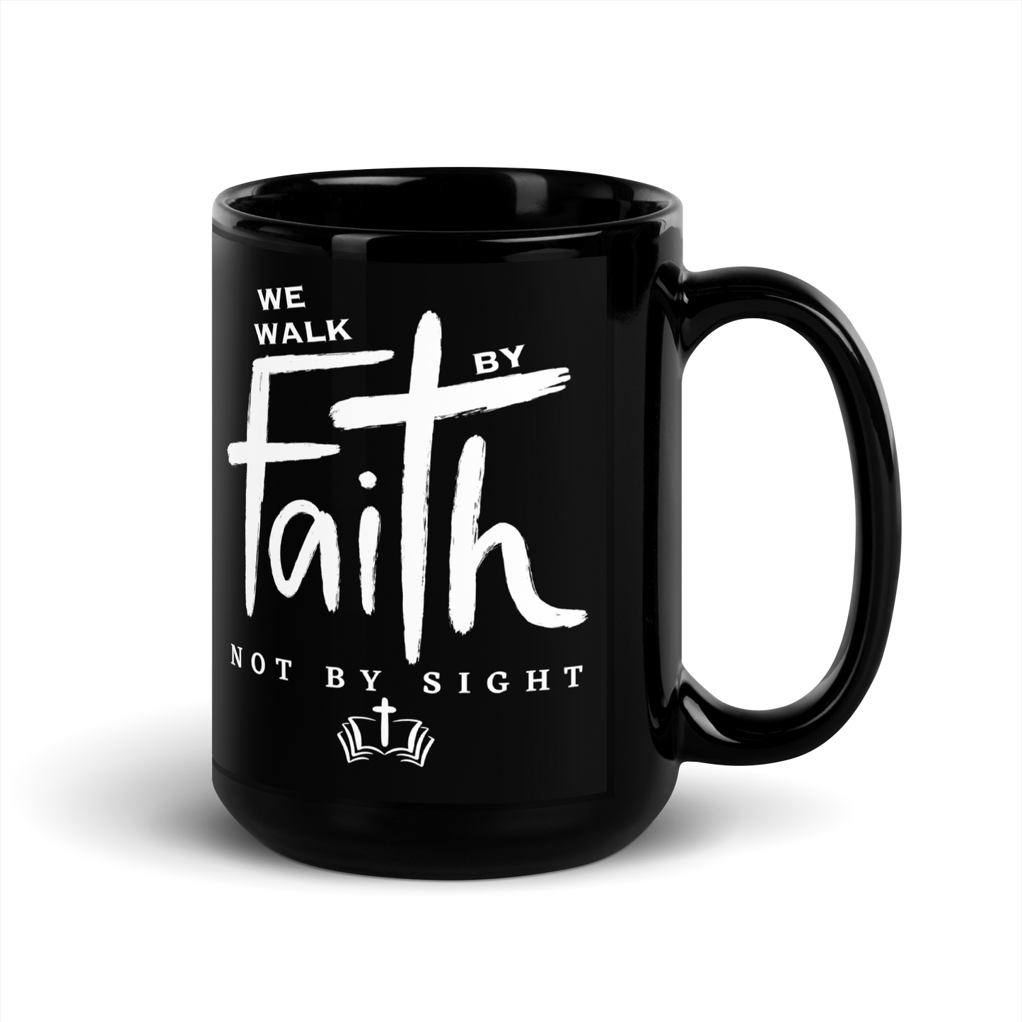 WALKING BY FAITH BLACK COFFEE MUG